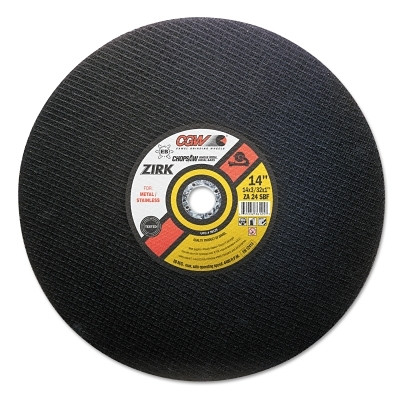 CGW Abrasives Type 1 Cut-Off Wheel, 14 in Dia, 3/32 in Thick, 1 in Arbor,24 Grit, Zirconia Alum. Oxide