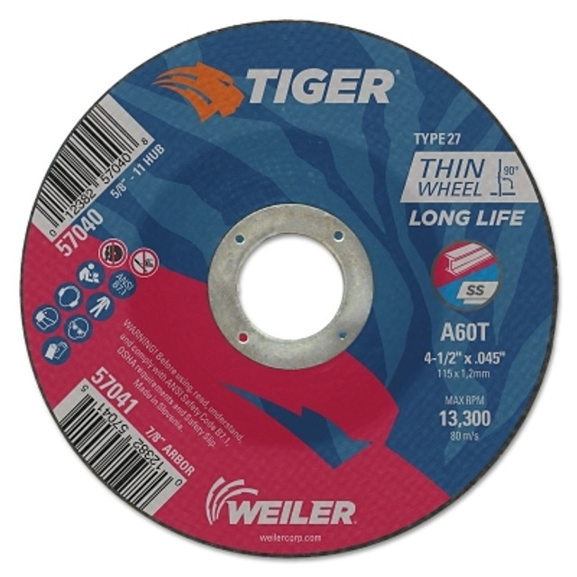 Weiler® 57041 Tiger® AO Cutting Wheel, 4-1/2 in dia x 0.045 in Thick, 7/8 in Arbor, A60T, Type 27