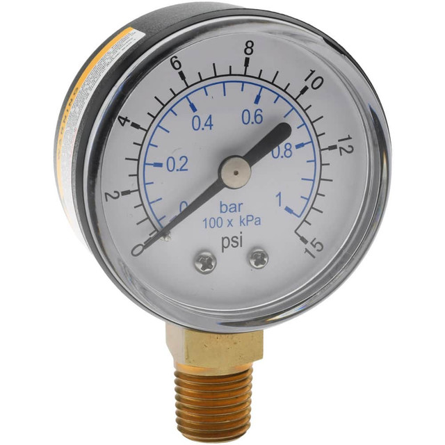 Value Collection 111CL20015 Pressure Gauge: 2" Dial, 15 psi, 1/4" Thread, NPT, Lower Mount