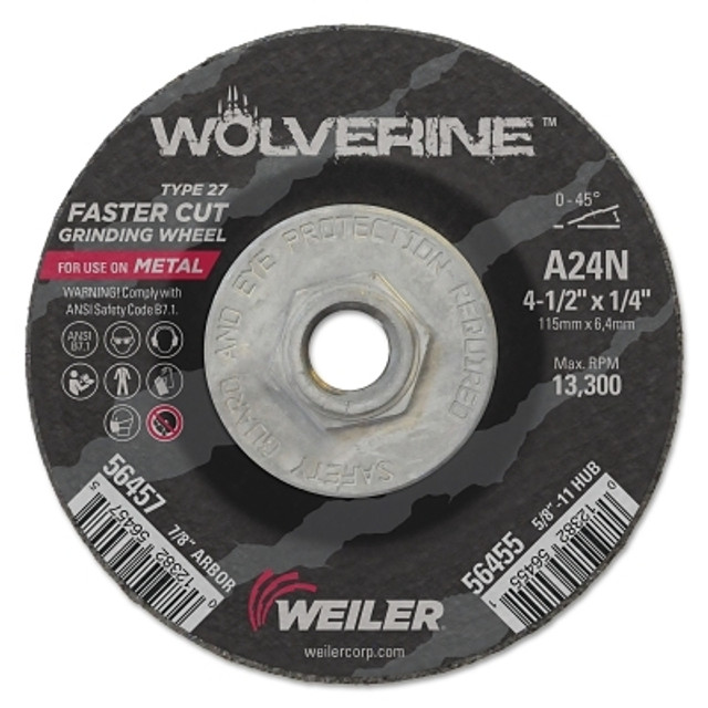 Weiler® Wolverine® Grinding Wheel, 4-1/2 in dia x 5/8 in-11 UNC Arbor x 1/4 in Thick, AO, 24N Weiler® Wolverine® Grinding Wheel, 4-1/2 in dia x 5/8 in-11 UNC Arbor x 1/4 in Thick, AO, 24N