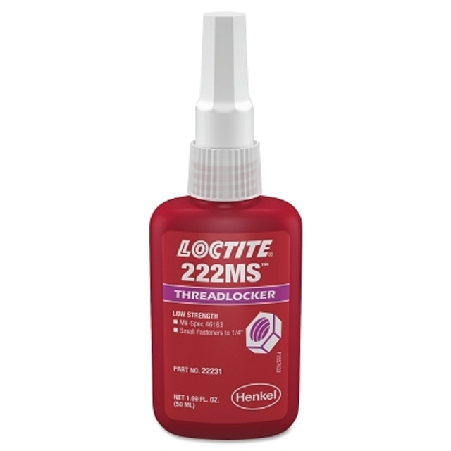 Henkel Corporation Loctite® 222MS™ Threadlocker, Low Strength/Small Screw, 50 mL, 1/4 in dia or Smaller, Purple Henkel Corporation Loctite® 222MS™ Threadlocker, Low Strength/Small Screw, 50 mL, 1/4 in dia or Smaller, Purple