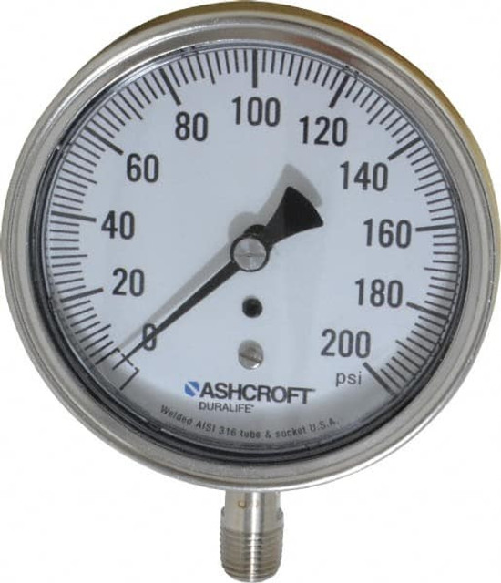 Ashcroft 94340 Pressure Gauge: 3-1/2" Dial, 200 psi, 1/4" Thread, NPT, Lower Mount