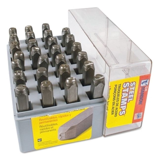 C.H. Hanson® Standard Steel Hand Stamp Set, 1/4 in Stamp, 3/8 in x 3/8 in x 2-5/8 in, Ampersand Sym/Ltrs, Incl 27-Pc w/Plastic Case
