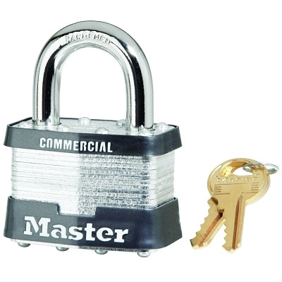 Master Lock® No. 5 Laminated Steel Padlock, 3/8 in dia x 15/16 in W x 1 in H Shackle, Silver/Gray, Keyed Different