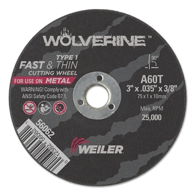 Weiler® Wolverine® Cut-Off Wheel, Type 1, AO, 3 in dia x 3/8 in AH x 0.035 in Thick, 60T, 100 EA/PK