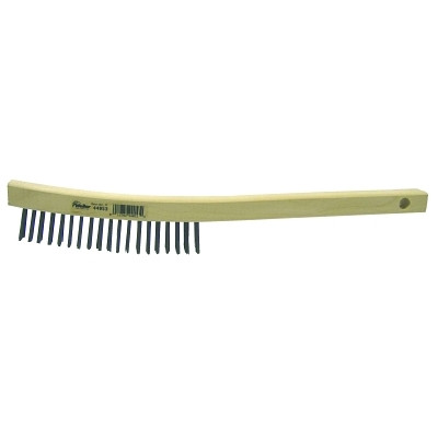 Weiler® Curved Handle Scratch Brush, 14 in L, 3 x 19 Rows, Steel Wire, Wood Handle
