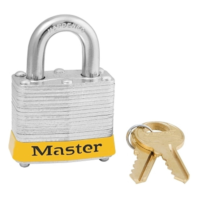 Master Lock® No. 3 Laminated Steel Padlock, 9/32 in dia, 5/8 in W x 3/4 in H Shackle, Silver/Yellow, Keyed Different, Varies Master Lock® No. 3 Laminated Steel Padlock, 9/32 in dia, 5/8 in W x 3/4 in H Shackle, Silver/Yellow, Keyed Different, Varies