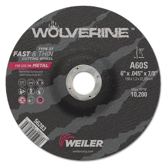 Weiler® Wolverine® Cutting Wheel, WA60S, 6 in dia, 0.045 in Thick, 7/8 in AH, 60 Grit, Type 27 Weiler® Wolverine® Cutting Wheel, WA60S, 6 in dia, 0.045 in Thick, 7/8 in AH, 60 Grit, Type 27