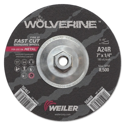 Weiler® Wolverine® Grinding Wheel, 7 in dia x 5/8 in-11 UNC Arbor x 1/4 in Thick, AO, 24R