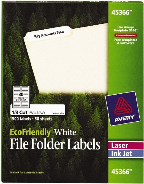 AVERY 45366 Label Maker Label: White, Paper, 3-7/16" OAL, 21/32" OAW, 1,500 per Roll
