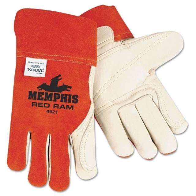 MCR Safety 4921XL Red Ram® Welders Gloves, Split Cow & Grain Cow Leather, XL, Russet/Cream, Fleece Lined Palm