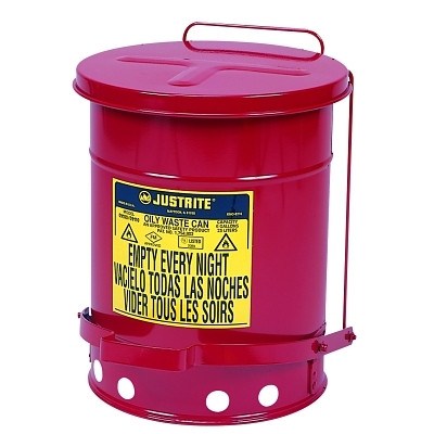 Justrite Red Oily Waste Can, 6 Gal, Foot Operated Cover