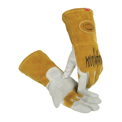Caiman® 1868 revolution® Goat Grain FR Back Unlined Palm TIG/MIG Welding Gloves, Small, White/Gold, 4 in cuff