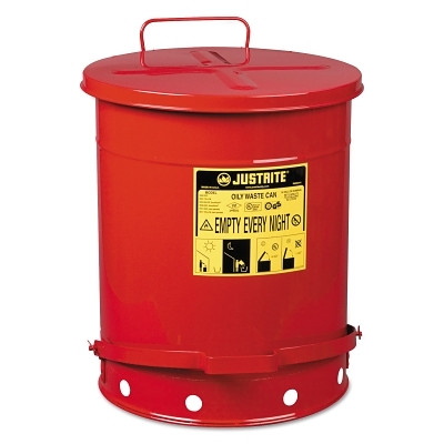 Justrite Red Oily Waste Can, 14 Gal, Foot Operated Cover