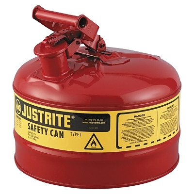 Justrite Type l Steel Safety Can, Gas, 2.5 gal, Red, Includes SS Flame Arrestor/Swinging Handle