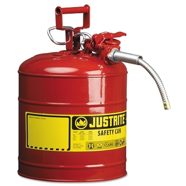 Justrite Type II AccuFlow™ Safety Can, Gas, 5 gal, Red, Includes 5/8 in OD Flexible Metal Hose
