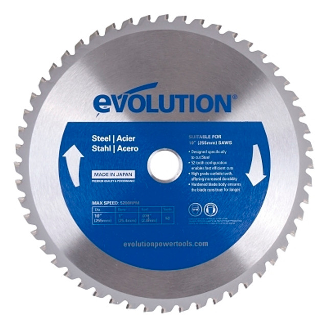 Evolution TCT Metal-Cutting Blades, 10 in, 1 in Arbor, 5,200 rpm, 52 Teeth Evolution TCT Metal-Cutting Blades, 10 in, 1 in Arbor, 5,200 rpm, 52 Teeth