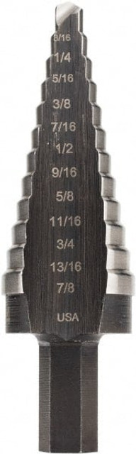 Irwin 10234 Step Drill Bit: 3/16 to 7/8" Dia, 3/8" Shank Dia, High Speed Steel, 12 Hole Sizes