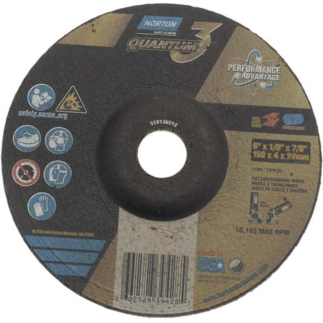 Norton 66252839428 Depressed Grinding Wheel:  Type 27,  6" Dia,  1/8" Thick,  7/8" Hole,  Ceramic Alumina