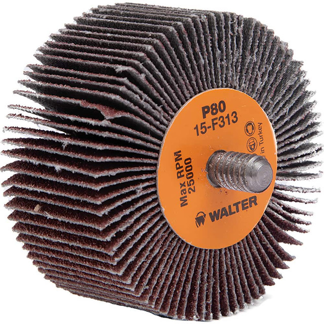 WALTER Surface Technologies 15F313 Mounted Flap Wheel: 2" Dia, 1" Face Width, 80 Grit, Aluminum Oxide