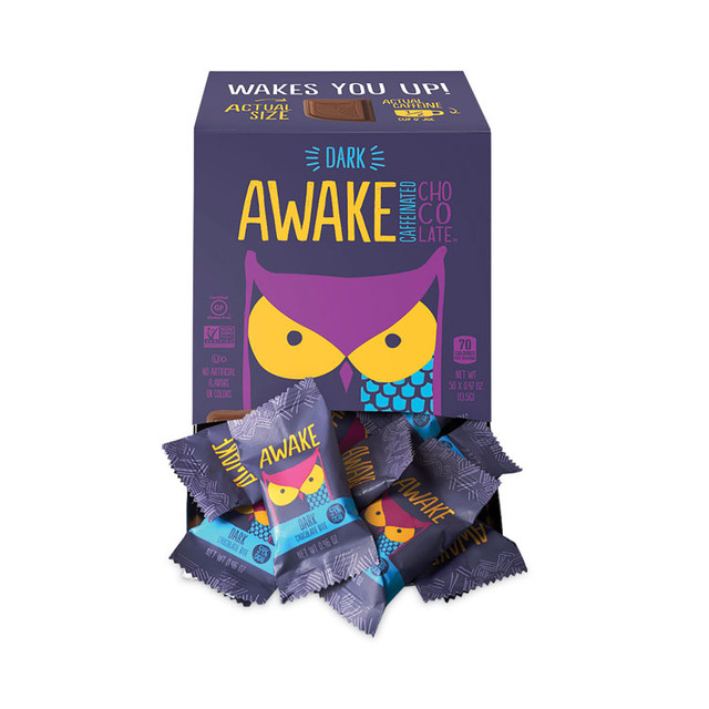 AWAKE 30700314 Caffeinated Dark Chocolate Bites, 0.47 oz Bars, 50 Bars/Carton