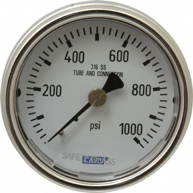 Wika 9745238 Pressure Gauge: 2-1/2" Dial, 0 to 1,000 psi, 1/4" Thread, NPT, Center Back Mount