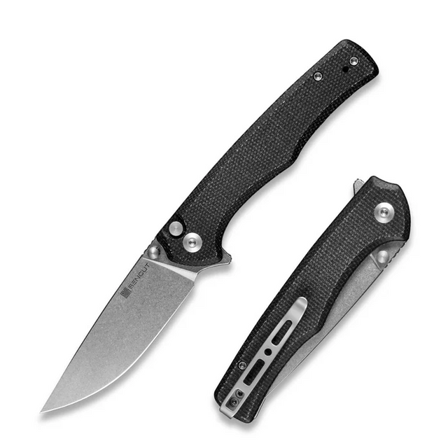 SENCUT S21012-2 Crowley Flipper/Thumb Stud Folding Knife 3.48"" Satin D2 Drop Point Plain Edge Blade, Black Micarta Handle