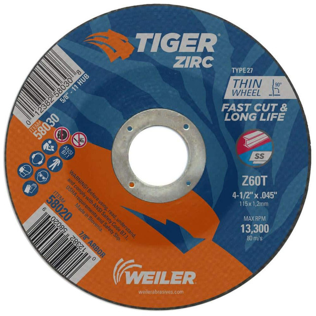 Weiler 58020 Depressed Center Wheel: Type 27, 4-1/2" Dia, 0.045" Thick, Zirconia Alumina