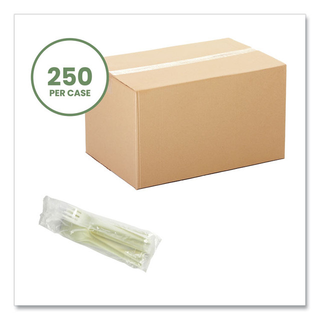VEGWARE VWKFSWN Cutlery Kits, Compostable, General Purpose, Fork/Knife/Napkin/Spoon, Plastic, White, 250/Carton