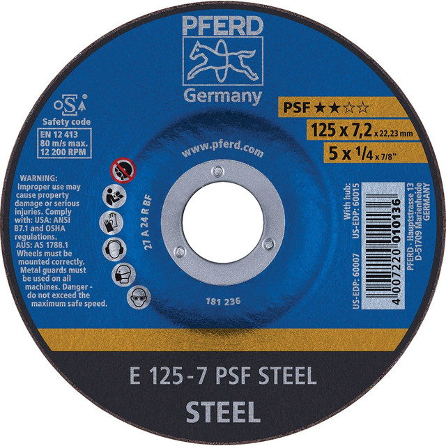 PFERD 69901712 Depressed Grinding Wheel:  Type 27,  5" Dia,  1/4" Thick,  7/8" Hole,  Aluminum Oxide