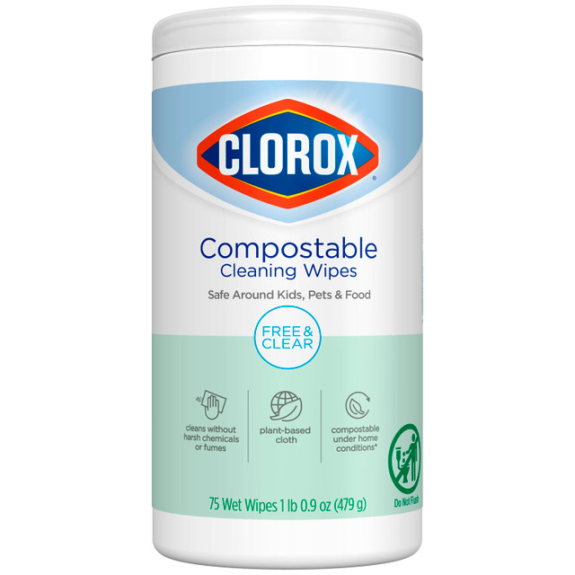 Clorox Sales Company  32486 Clorox® Compostable Cleaning Wipes, All Purpose Wipes, Free & Clear, 75 ct, 6/cs (Continental US Only)