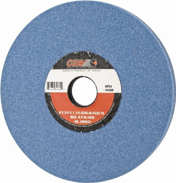 CGW Abrasives 34360 Surface Grinding Wheel: 8" Dia, 3/4" Thick, 1-1/4" Hole, 46 Grit, J Hardness