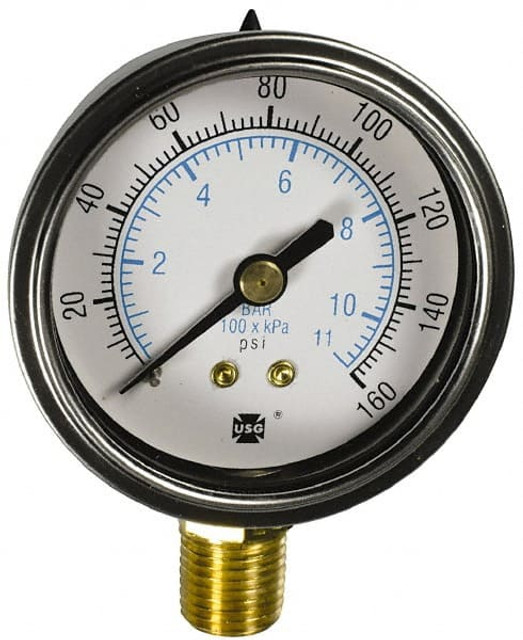 Ametek 165283 Pressure Gauge: 2" Dial, 0 to 60 psi, 1/4" Thread, NPT, Lower Mount