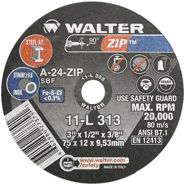 WALTER Surface Technologies 11L313 Cut-Off Wheel: Type 1, 3" Dia, 1/16" Thick, 3/8" Hole, Aluminum Oxide