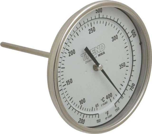 Wika 50060A011G4 Bimetal Dial Thermometer: 150 to 750 ° F, 6" Stem Length