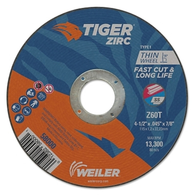 Weiler® Tiger® Zirc Cutting Wheel, 4-1/2 in dia, 0.045 in Thick, 7/8 in Arbor, Zirconia Alumina, Type 1, Z60T