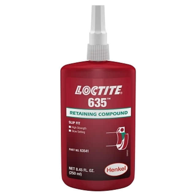 Henkel Corporation Loctite® 635™ Retaining Compound, High Strength/Slow Cure, 250 mL Bottle, Green, 4,000 psi Henkel Corporation Loctite® 635™ Retaining Compound, High Strength/Slow Cure, 250 mL Bottle, Green, 4,000 psi