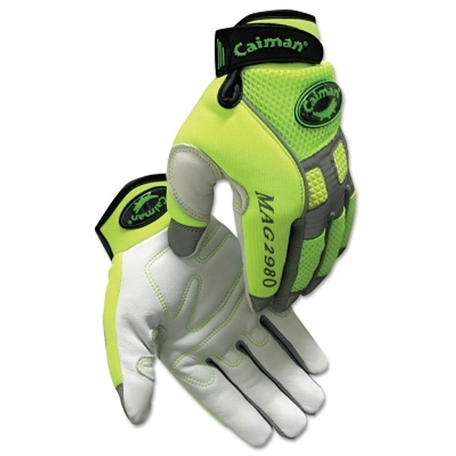 Caiman® 2980 Goat Grain Hi-Vis Reflective Back Knuckle Protection Mechanics Gloves, Neoprene, 2X-Large, Hi-Vis Lime Green