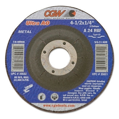 CGW Abrasives Depressed Center Wheel, 7 in Dia, 1/4 in Thick, 5/8 in Arbor, 24 grit