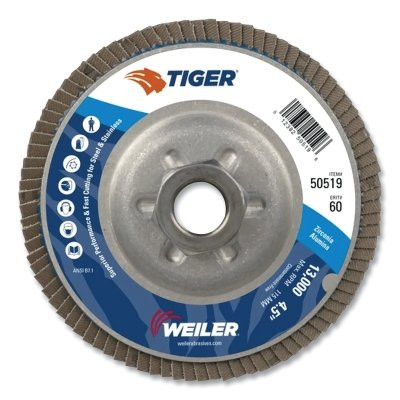 Weiler® Tiger® Disc Angled Style Flap Disc, 4-1/2 in dia, 60 Grit, 5/8 in-11, 13000 rpm, Type 29