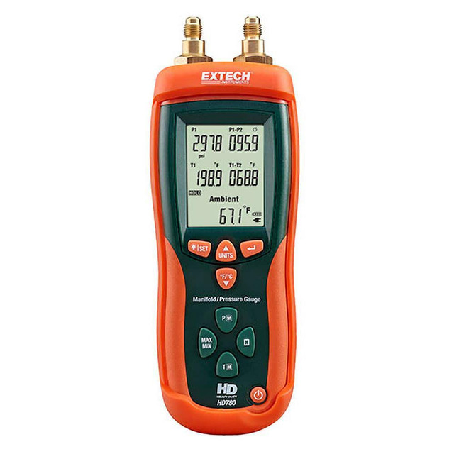 Extech HD780 Differential Pressure Gauges & Switches; Gender: Male ; Display Type: LCD ; Resolution: 0.1psi ; Minimum Operating Temperature: -760F; -600C ; Maximum Hg: 0.01in; 1mm ; Overall Height: 8.2in; 210mm
