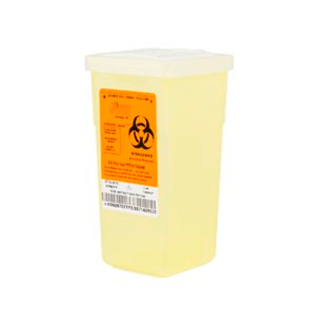 Medegen Medical Products, LLC  8702TY Stackable Sharps Container, Polypropylene, 3½" x 7" x 3½", Biohazard Symbol, Translucent Yellow/ Black, 1 Qt, 72/cs