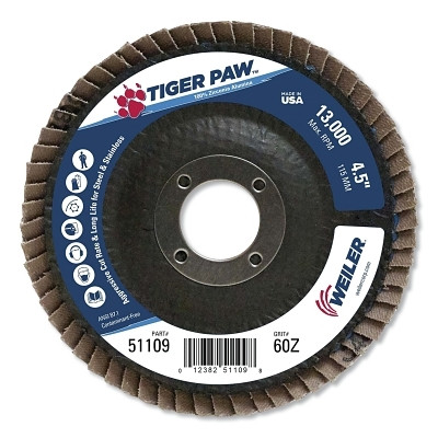 Weiler® Tiger Paw™ Coated Abrasive Flap Disc, 4-1/2 in dia, 60 Grit, 7/8 Arbor, 13000 rpm, Type 27