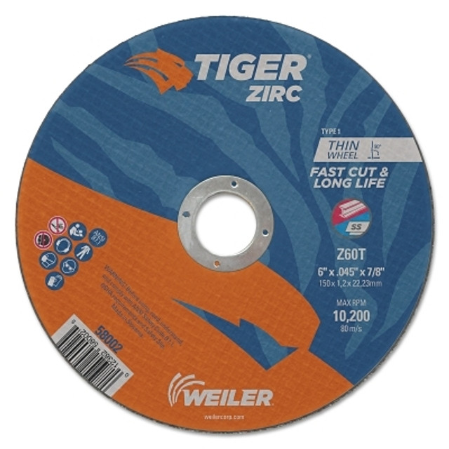 Weiler® Tiger® Zirc Cutting Wheel, 6 in dia, 0.045 in Thick, 7/8 in Arbor, Zirconia Alumina, Type 1, Z60T