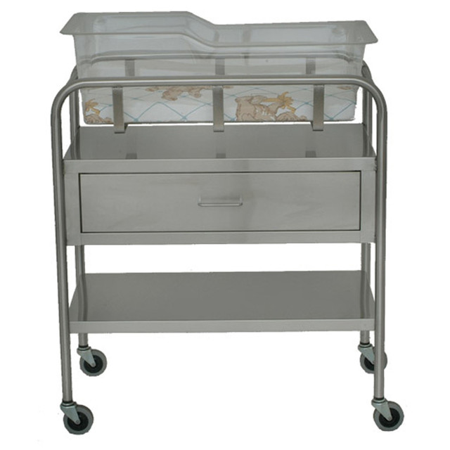 UMF Medical  SS8525 Bassinet with Basket (8545) and Mattress (8546), Stainless Steel, One (1) Shelf, One (1) Drawer, 32"W x 35.25"H x 17"D (DROP SHIP ONLY)