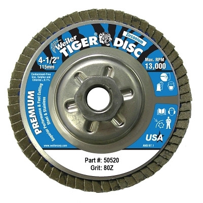 Weiler® Tiger® Disc Angled Style Flap Disc, 4-1/2 in dia, 80 Grit, 5/8 in-11, 13000 rpm, Type 29