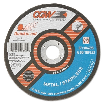CGW Abrasives Extra Thin Cut-Off Wheel, Type 1, 5 in Dia, .04 in Thick, 60 Grit Alum. Oxide
