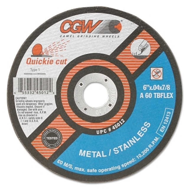 CGW Abrasives Extra Thin Cut-Off Wheel, Type 1, 5 in Dia, .04 in Thick, 60 Grit Alum. Oxide