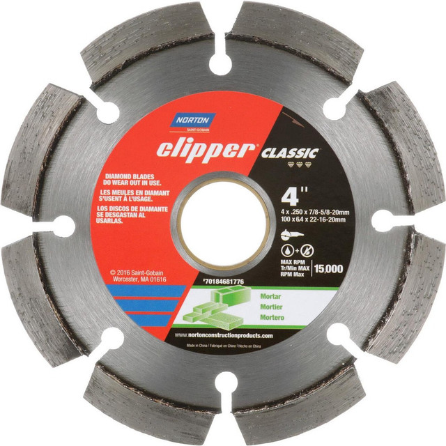 Norton 70184681776 Wet & Dry Cut Saw Blade: 4" Dia, 7/8 & 5/8" Arbor Hole, 0.25" Kerf Width, 8 Teeth