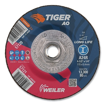 Weiler® Tiger® AO Grinding Wheel, 4-1/2 in dia x 1/4 in Thick, 5/8 in-11 UNC Arbor, A24R, Type 27